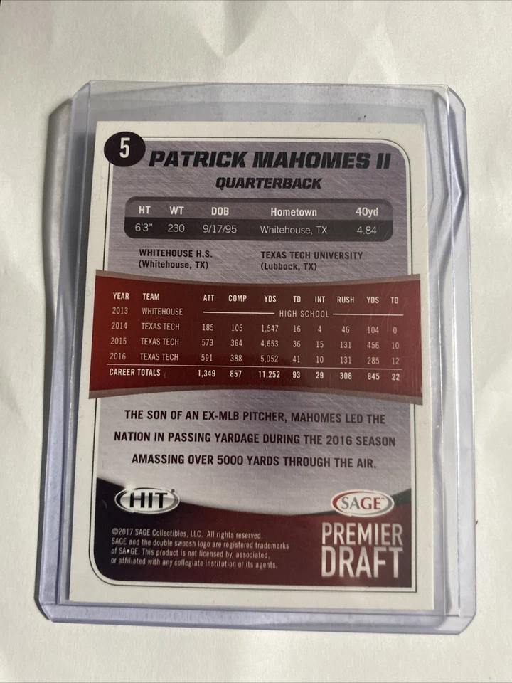2017 Sage Hit - Patrick Mahomes II #5 (RC) - Image 2 of 2