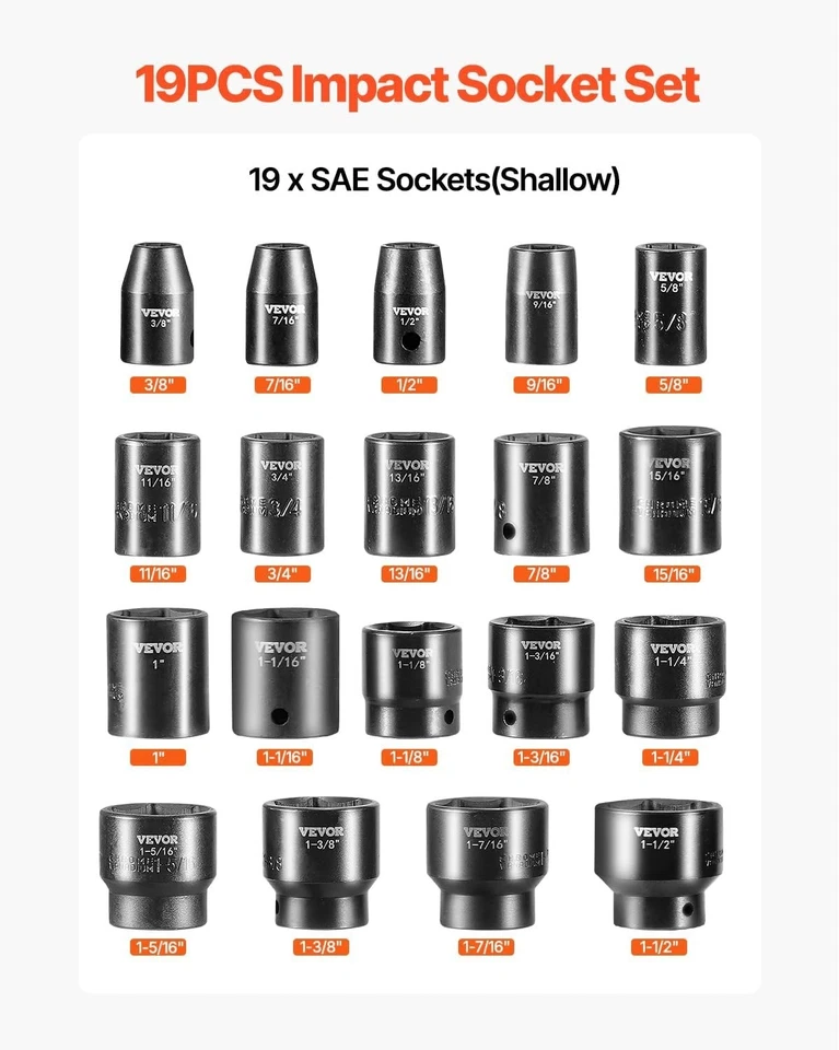 VEVOR Impact Drive Socket Set 1/2 Inches 19 Piece Impact Sockets SAE, Standard S - Image 3 of 4