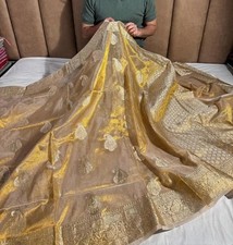 Banarasi Tissue Silk Saree Gold Zari Paisley Kalka Woven Indian Wedding Sari