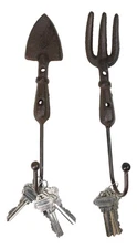Pack of 2 Cast Iron Garden Hand Tool Fork and Trowel Wall Hooks For Coats Keys