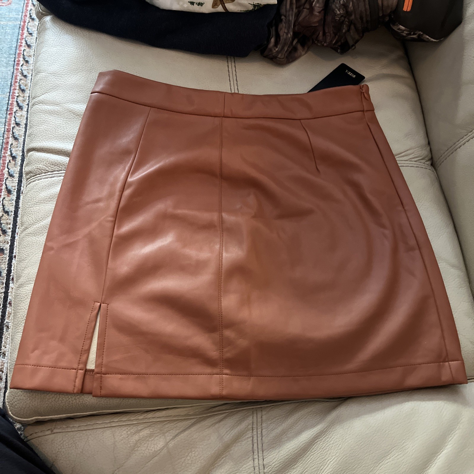 ShineStar Women's Brown Vegan  Leather Zip Mini Pencil Skirt Size L 