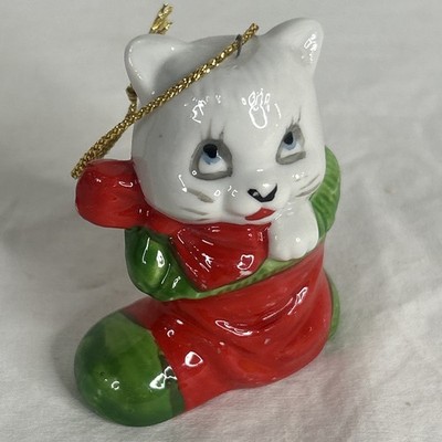 Cat in Stocking Christmas Ornament Blue Eyes Bow Small Ceramic 1970s Vintage