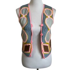 Vtg Fully Fashioned Youth Crochet Leather Suede Patchwork Vest Sz Med Multicolor