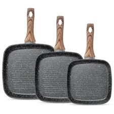 DUMOS 3Pcs Nonstick Grill Pans,Square Frying Pans Set with Stay-Cool Handle