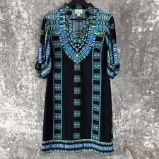 Donna Morgan Size 6 Boho Abstract Geometric V Neck Shift Mini Dress Blue Stretch