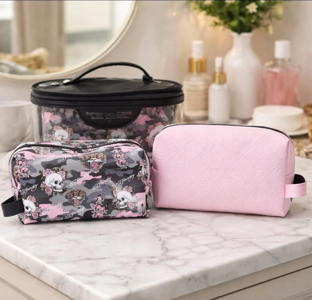 Ed Hardy 3pc Cosmetic Bag Set Pink Skull Travel Makeup Organizer Case