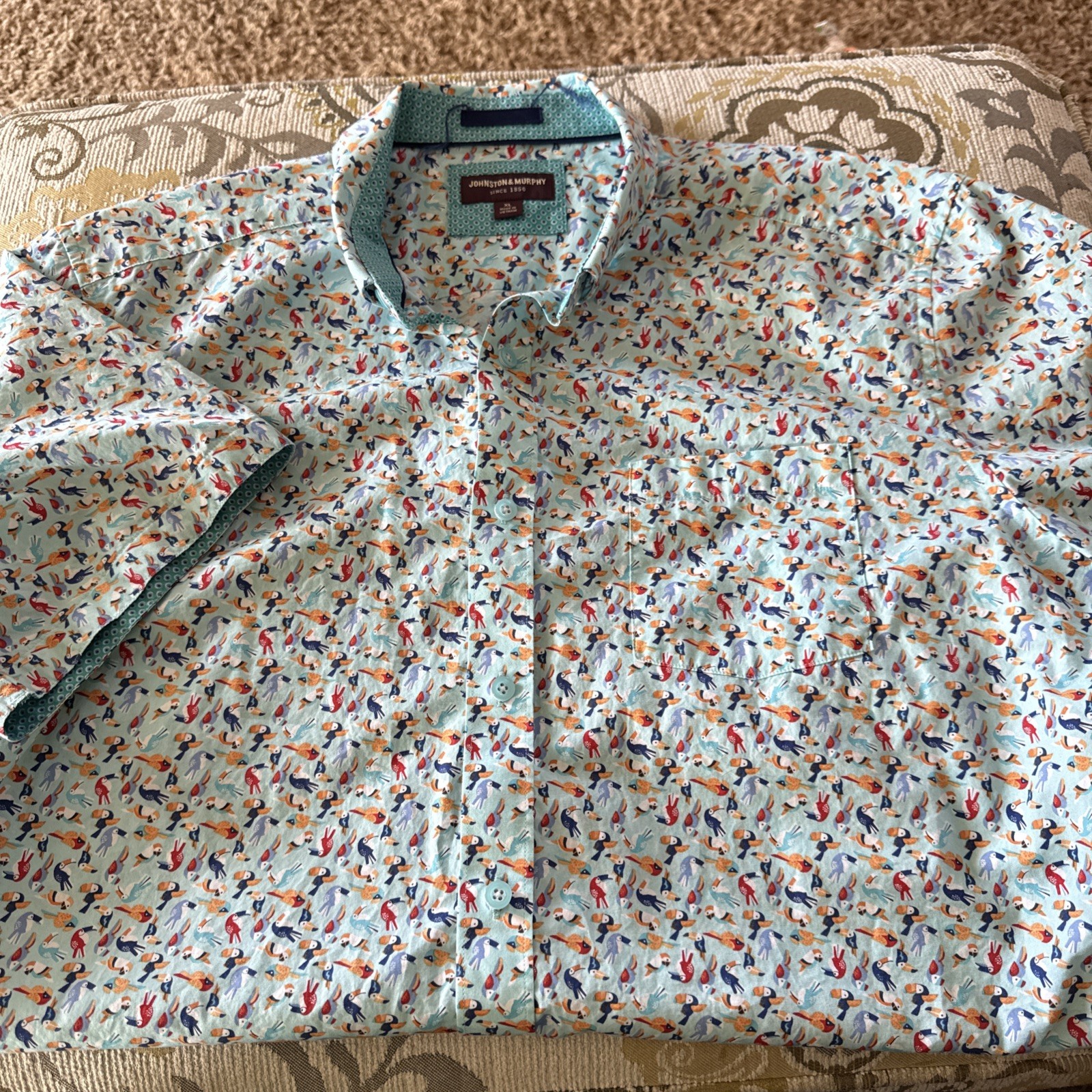 Johnston & Murphy Shirt - Men's Size XL parrots birds new  Pattern Short Sleeves