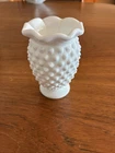 Milk Glass Hobnail Mini Vase 3.5" Vtg 1940’s White Ruffled Crimped Rim