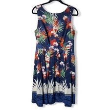Talbots Navy Tropical Orchid Palm Fit & Flare Pleated Dress Sz 8