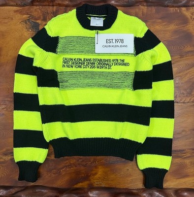 Calvin Klein Jeans EST. 1978 Striped Knit Sweater Neon Yellow Black Small Mens