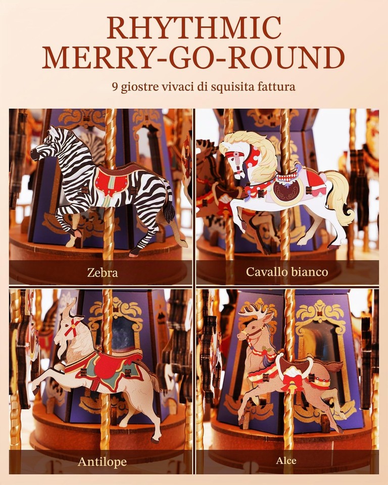 Puzzle 3D in Legno Carousel Classico Scatola Musicale in Legno con Luci ...