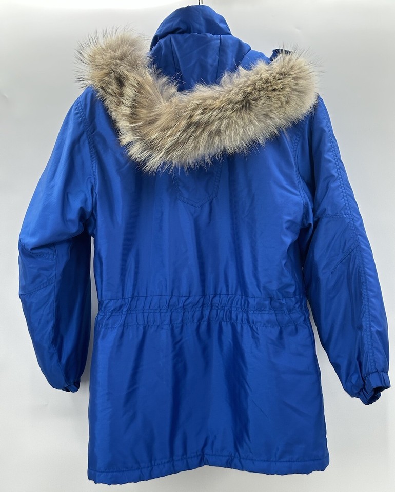 Kaelin Womens Vintage Coat Fur Hooded Ski Jacket Embroidered Blue Size