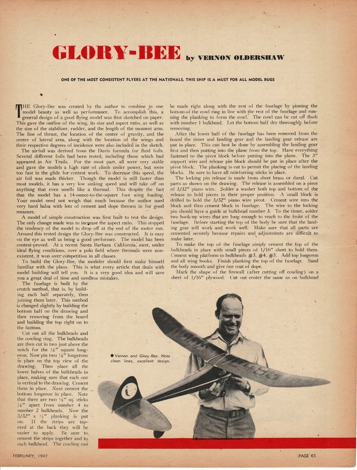 1947 Glory-Bee Control Line Airplane Magazine Article Vernon Oldershaw w/ plans - Image 2 of 4
