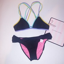 Victoria Secret Swim Bikini Small Top  Bottom Black Strappy Triangle Solid New