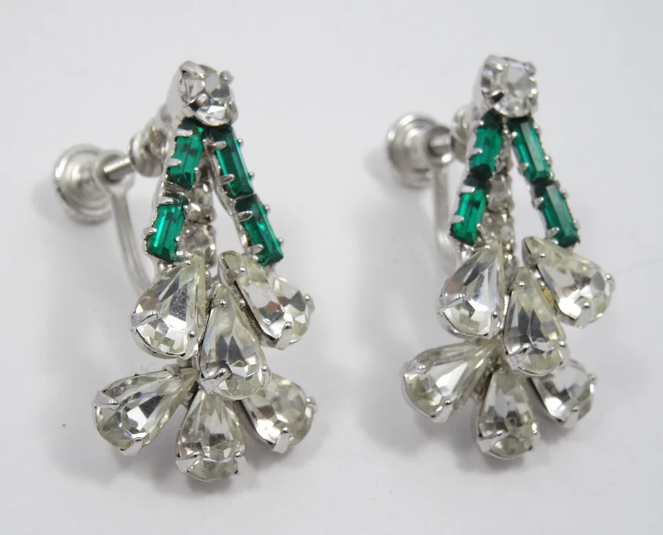 PENDIENTES CON JOYAS DE CRISTAL DE DIAMANTES DE IMITACIÓN ESMERALDA DISEÑO DE LUJO VINTAGE ~ 1,25" Foto 2 de 4