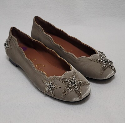 Anthropologie Lola Cruz Taupe Velvet Sequin Embellishment Stars Ballet Flat Sz 6