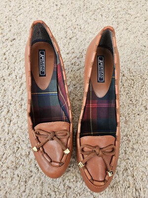 AMERICAN LIVING Womens 8 REID Leather Block Heel Loafer Pumps Bow Front TAN 