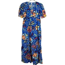 Tabitha Brown Blue Floral Puff Sleeve Maxi Dress Women Size 8 Linen Blend Resort