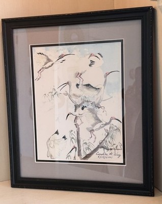 Original Watercolor Painting Ibis Birds Artist Caroline Wang Framed Asian Style