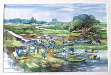 1999 Asian Watercolor of Farmers' Market with Sampans by "Matiur"  /  Vietnam ?
