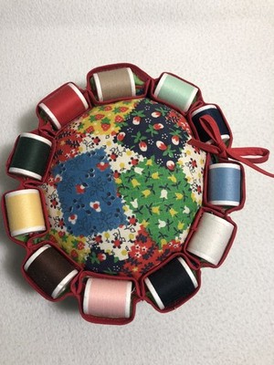Vintage Spools Of Thread Handmade Pincushion 7'' Patchwork Calico Cotton Fabric