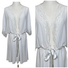 Vintage Cinema Etoile Seductivewear Robe XL White Lace Trim Sheer Belted Bridal