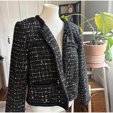 Tahari Black Tweed Blazer W Multicolor Metallic Threading Eyelash Fringe Trim XL
