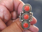 Vintage Native American Sterling Silver 3- stone- Coral Ring signed