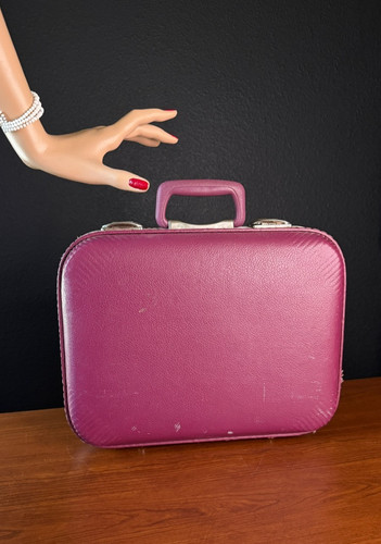 Vintage 1960s small purple suitcase 15" child's hard shell train case pink mauve