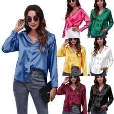 Damen Tunika Langarm Herbstmode Button Up Satin Seide Hemd Mode Bluse Shirt Neu