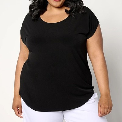 Susan Graver Modern Essentials Size 4X Black Liquid Knit Cap-Sleeve Top
