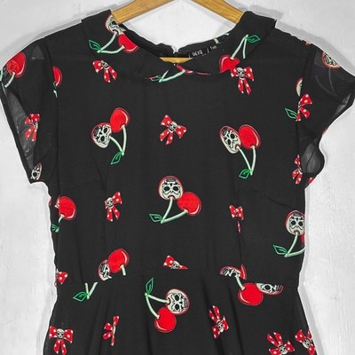 Dead Threads Black Sugar Skull Cherry Print Dress XL Retro Goth Rockabilly