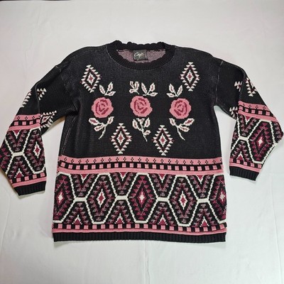 Cafe La Vie Rose Floral Geometric Sweater Made in USA Shoulder Pads