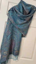 Pashmina Scarf Teal Blue Green Paisley Shawl Wrap Soft Gorgeous fringe