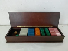 Scatola in legno con fiches da gioco vintage elegante, 44x13,5x8 cm