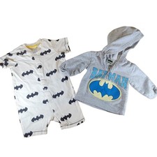 Batman Baby Unisex Gray Hoodie 0-3M  White Sleeper 4-6M Set with Logo Prints