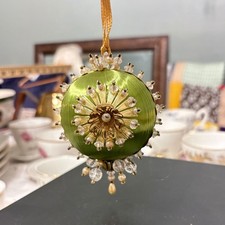 Vintage Handcrafted Green Satin Push Pin Beaded Christmas Ornament