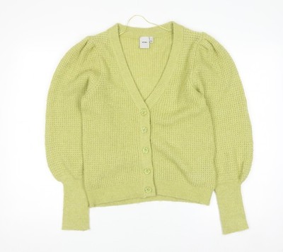 ICHI Damen Strickjacke grün V-Ausschnitt Grobstrick Puffärmel Größe S