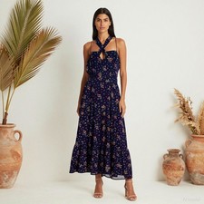 Evening Boho Midi Dress Multi Floral Chiffon A-Line Sleeveless Zip Pockets US 12