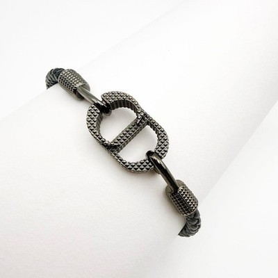 Christian Dior CD Icon Braided Leather Bracelet Black Silver Men's