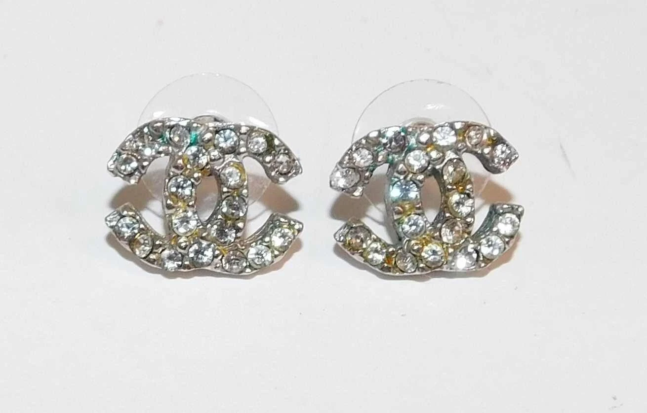Chanel CC Rhinestone Pierced Earrings Stamped France