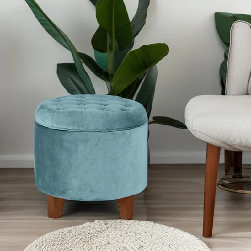 Home Decor | Upholstered round Velvet Tufted Foot Rest Ottoman | Ottoman with St - Image 2 of 4