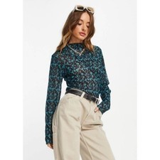 Other Stories Blue Floral Print Crinkle Mesh Top Size M