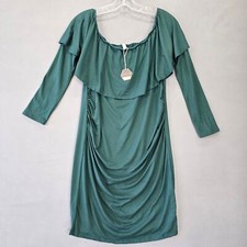 Pink Blush Green Dress Midi Bodycon Ruffle Pleated 3/4 Sleeves NEW Women Size M