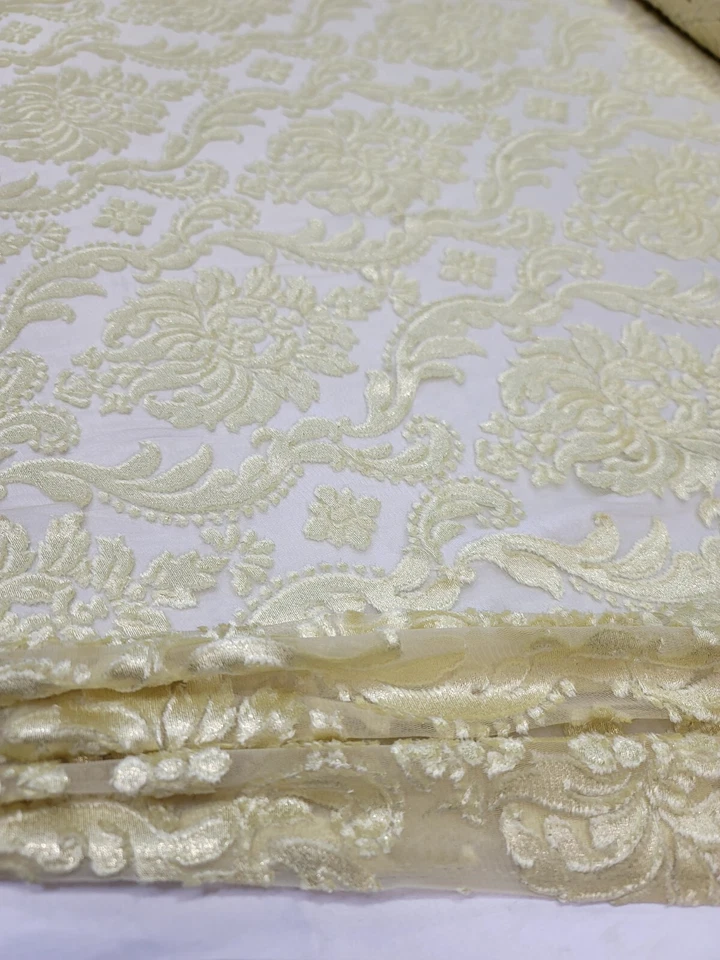 STRETCH LACE EMBROIDERY YELLOW FABRIC BY THE YARD DAMASK PATTERN DRESS BRIDAL - Image 2 of 4