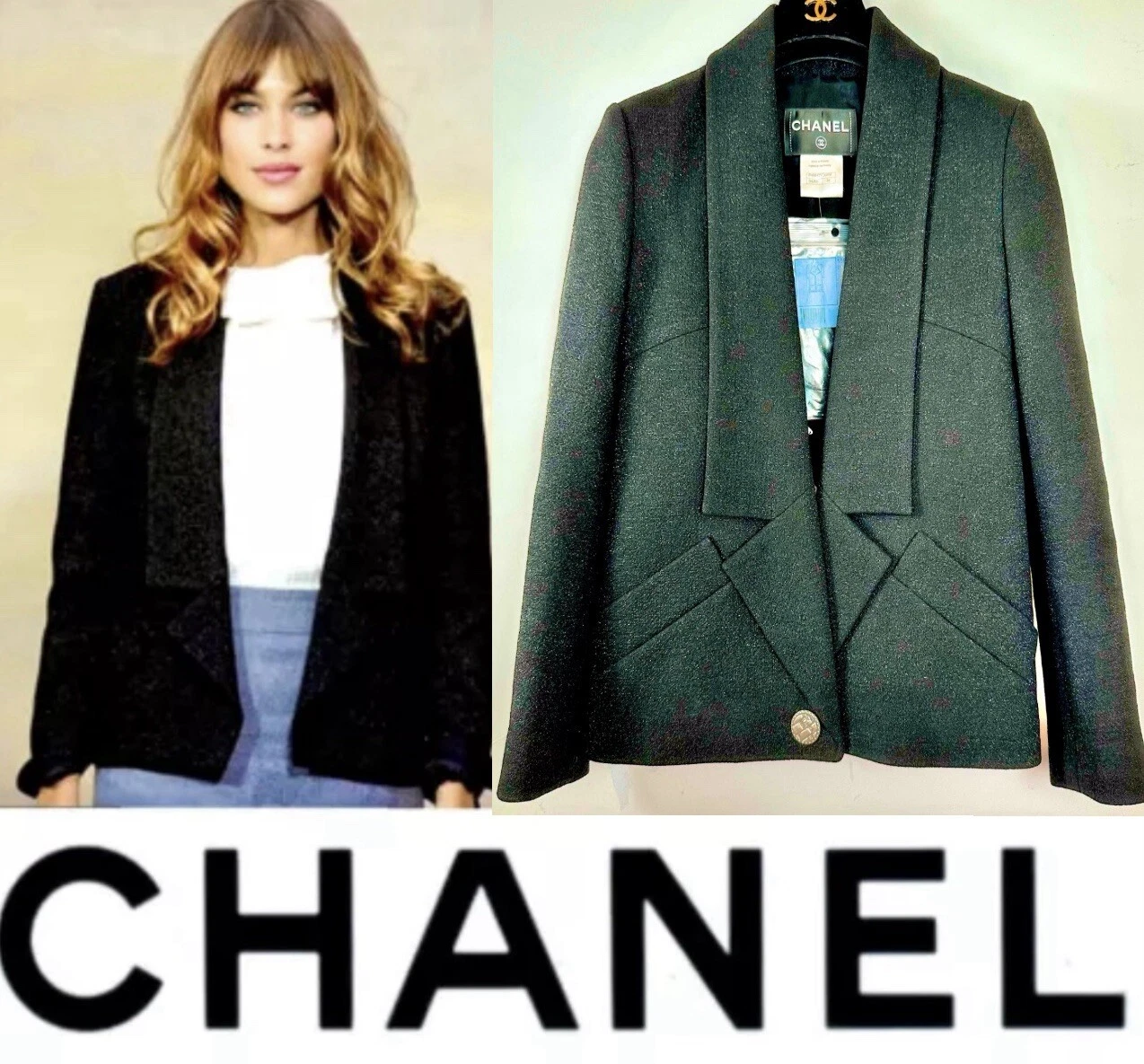 Giacca lurex tweed nero Alexa 5K Chanel 2015 34 36 2 4 6 cappotto top logo aperto S M