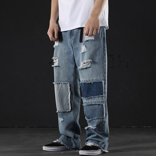 New Mens Denim Wide Leg Straight Pants 