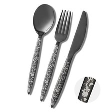 12-piece Black Silverware Set Flower Pattern Fancy Knife Spoons And Forks Set...