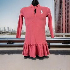 POLO RALPH LAUREN BIG PONY POLO L/S RUFFLE DRESS SALMON/WHITE GIRLS MED 8-10