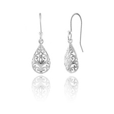 Sterling Silver Pear-Shape Filigree Polished Dangle Earrings